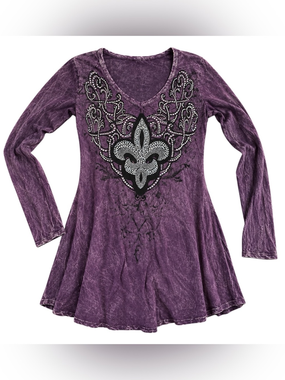 Vocal Vintage Purple Rhinestone Fleur De Lis Tunic Top Long Sleeve Y2K fairy S